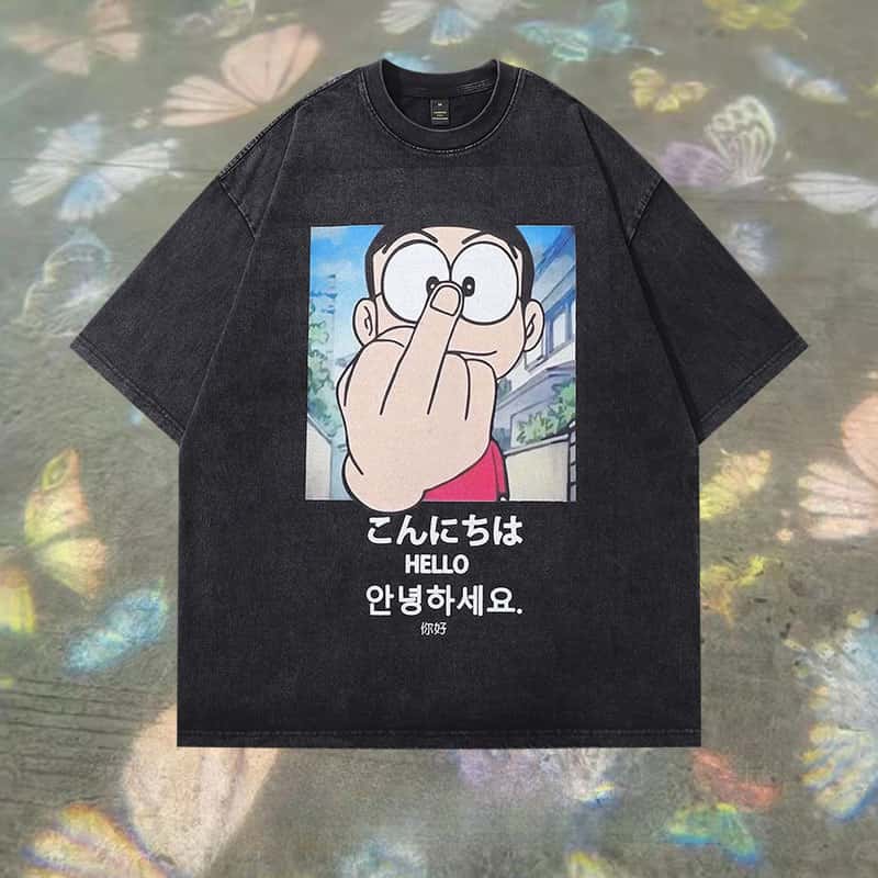 Ren bomull Doraemon Nobi Nobita DTG T-shirt med tryck