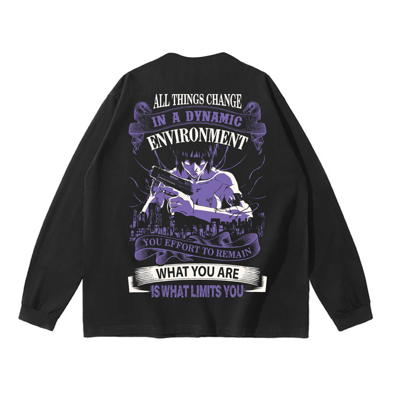 Langärmliges Anime-T-Shirt „Ghost in the Shell“ aus reiner Baumwolle