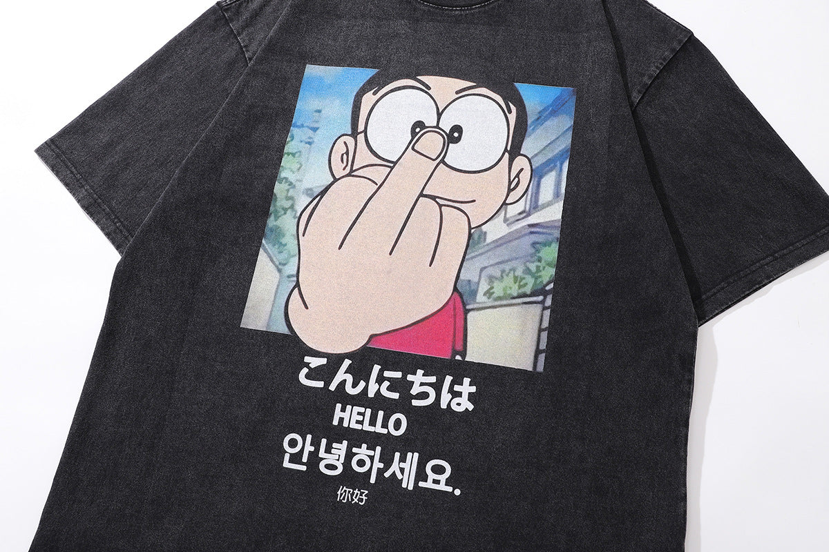 Ren bomull Doraemon Nobi Nobita DTG T-shirt med tryck