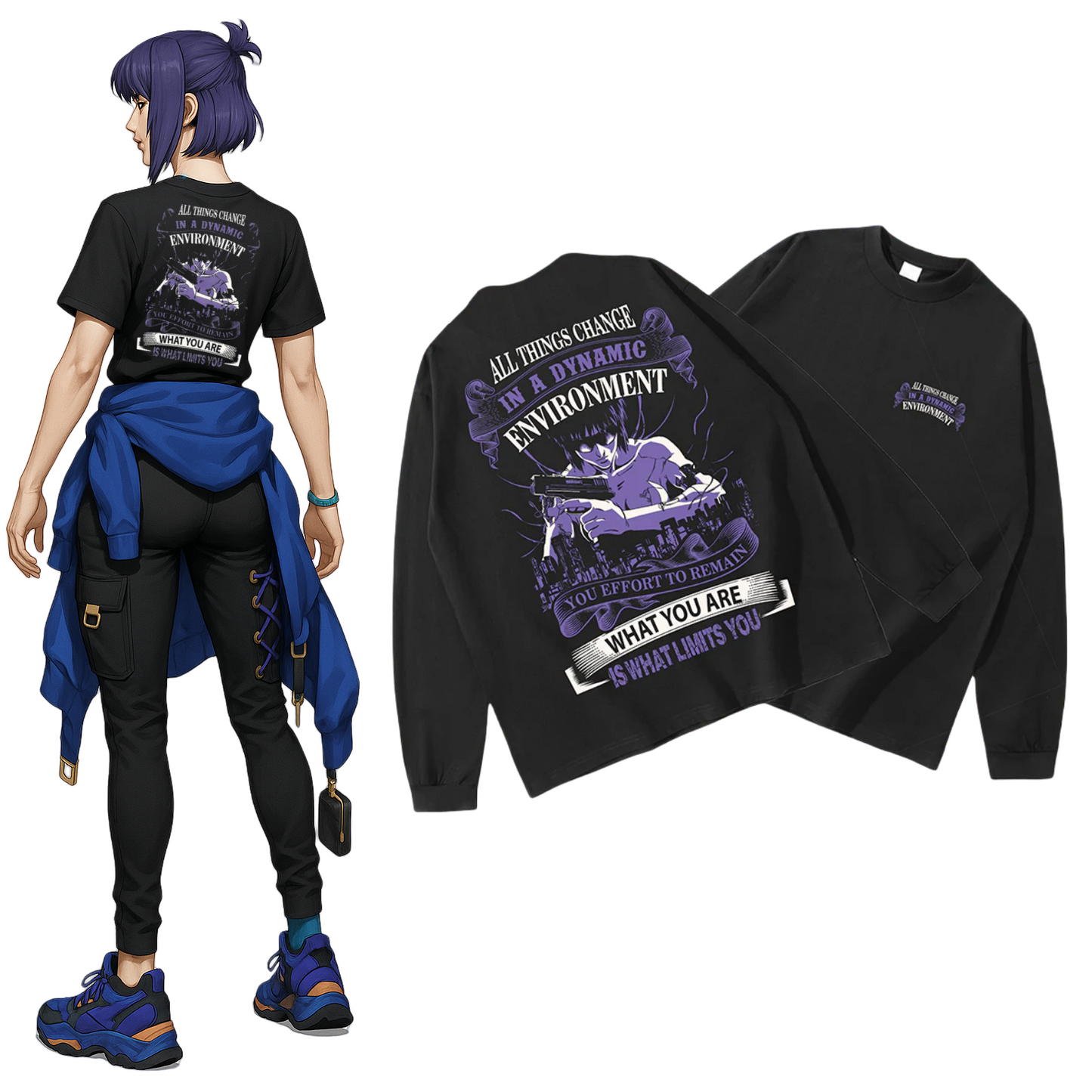 Langärmliges Anime-T-Shirt „Ghost in the Shell“ aus reiner Baumwolle