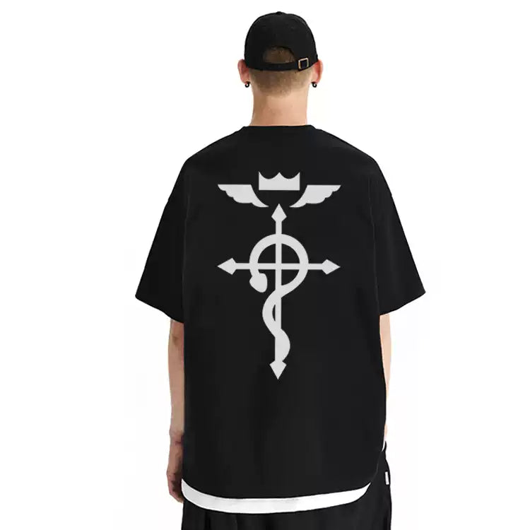 Camiseta com estampa DTG do logotipo do Fullmetal Alchemist em algodão puro