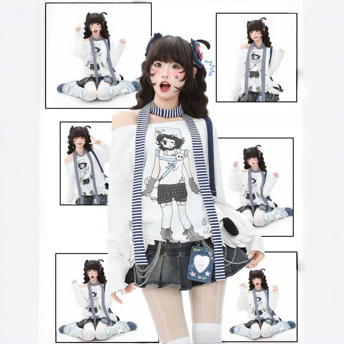 Anime Girl Off-Shoulder Striped Long Sleeve Tee