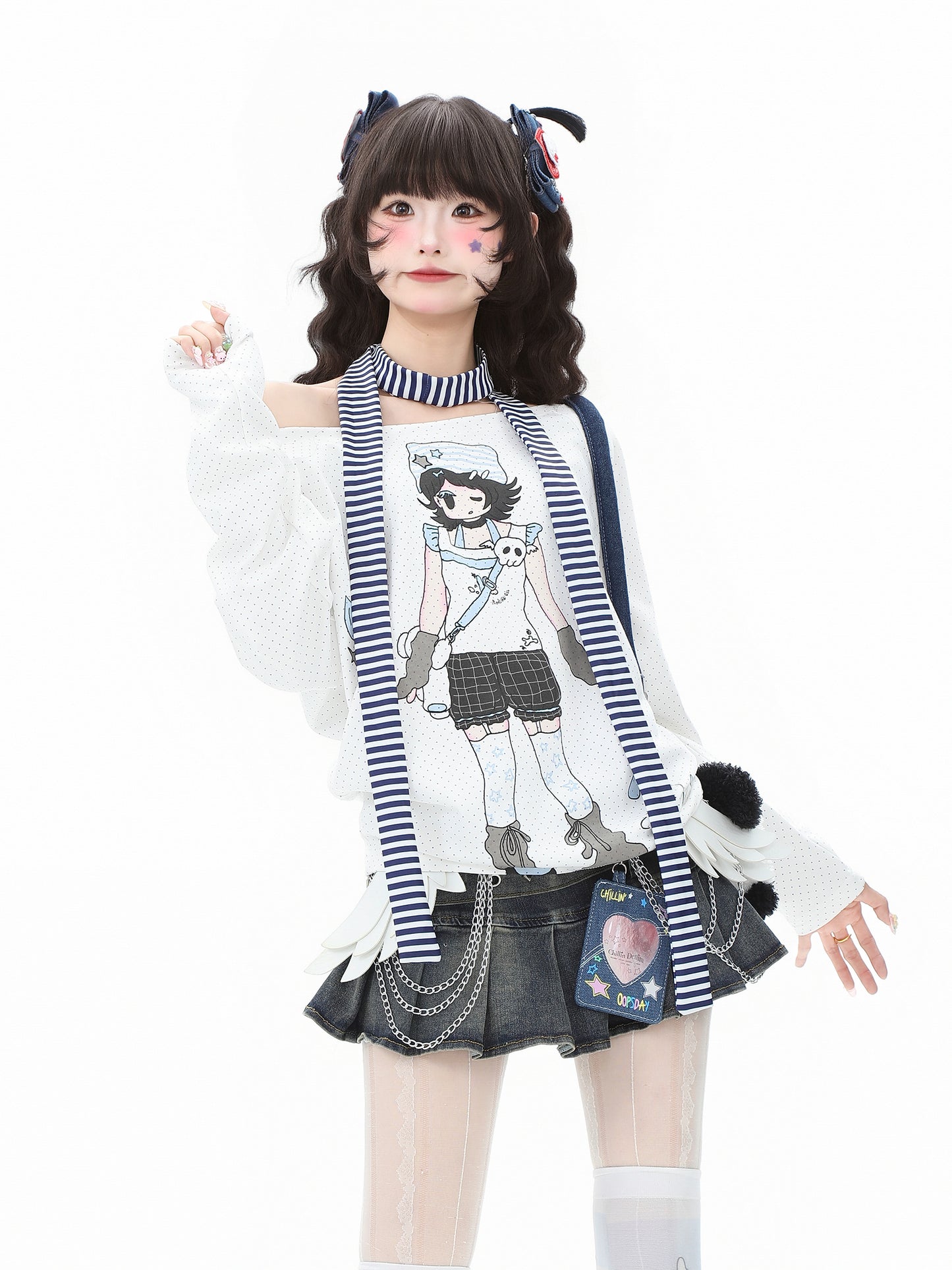Anime Girl Off-Shoulder Striped Long Sleeve Tee