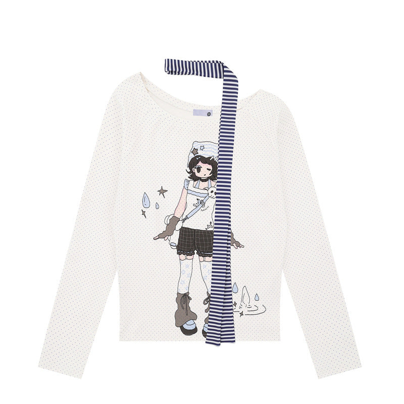Anime Girl Off-Shoulder Striped Long Sleeve Tee