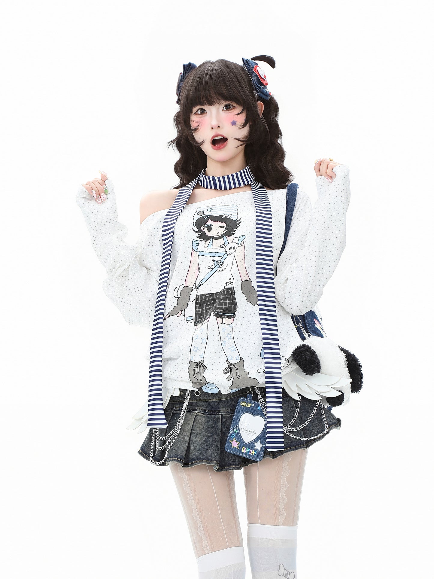 Anime Girl Off-Shoulder Striped Long Sleeve Tee