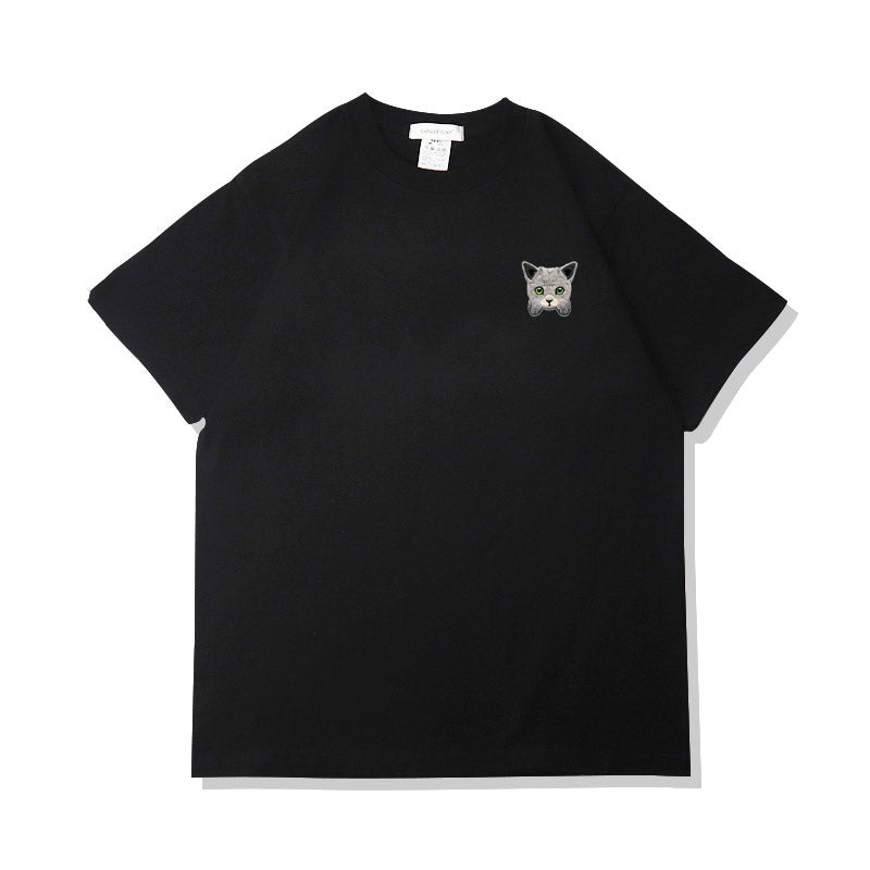 Camiseta de verano de algodón puro con bordado de gato kawaii