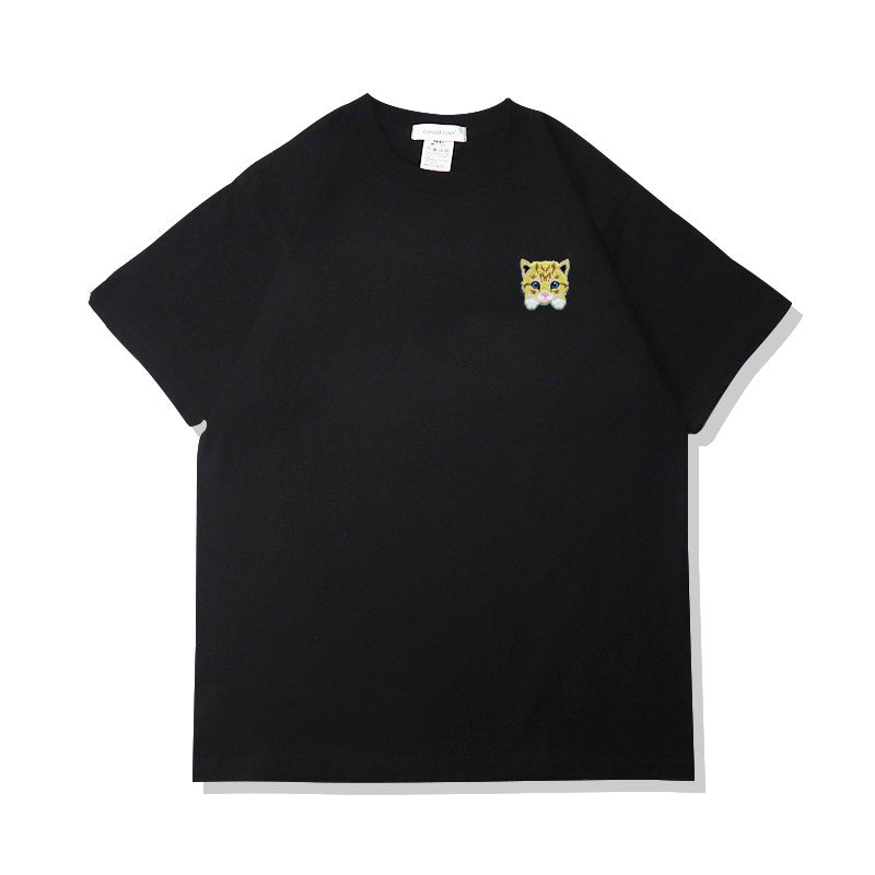 Sommer-T-Shirt aus reiner Baumwolle mit Kawaii-Katzenstickerei