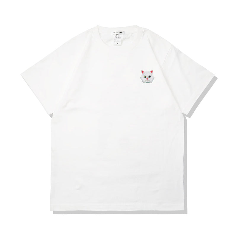 Camiseta de verano de algodón puro con bordado de gato kawaii
