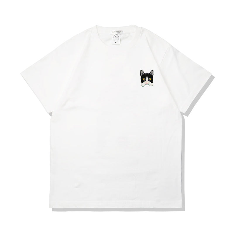 Camiseta de verano de algodón puro con bordado de gato kawaii