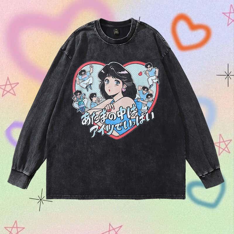 Pure Cotton Retro Anime Girl DTG Printed Long Sleeve T-shirt