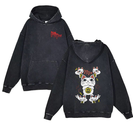 Pure Cotton Dandadan Turbo Granny Maneki-neko Washed Distressed Hoodie Pullover