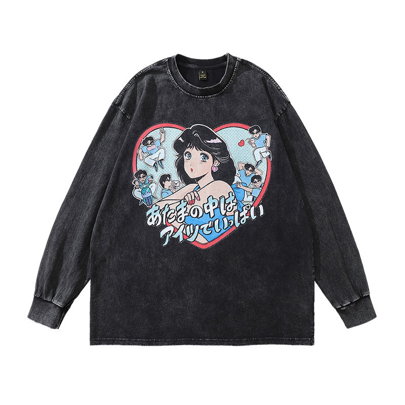 Pure Cotton Retro Anime Girl DTG Printed Long Sleeve T-shirt