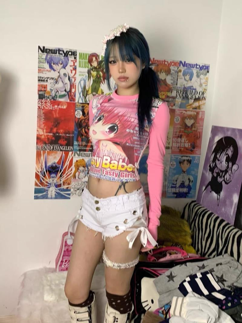 T-shirt Kawaii Angelcore Manga–T-shirt rétro à manches longues Otaku