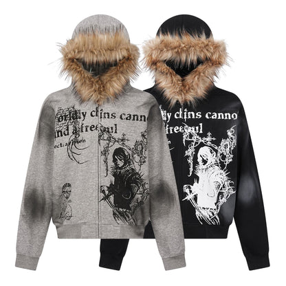 Gothic Anime Fur Collar Hoodie
