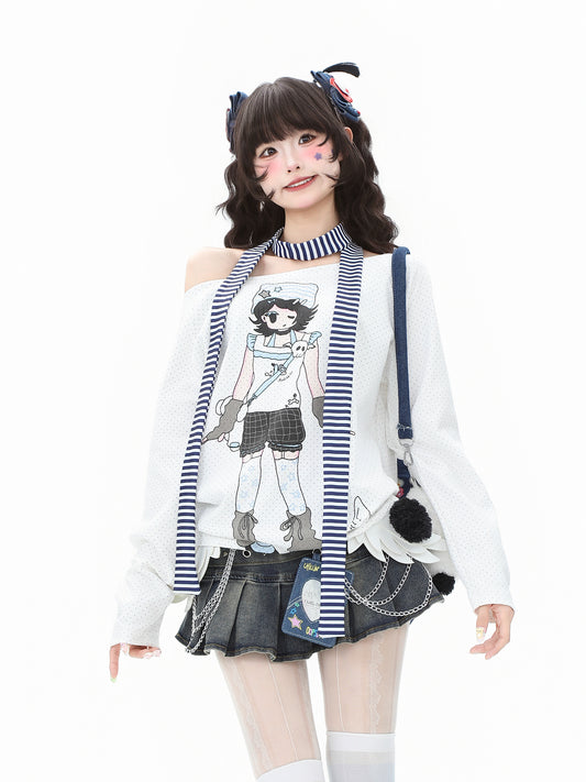 Anime Girl Off-Shoulder Striped Long Sleeve Tee