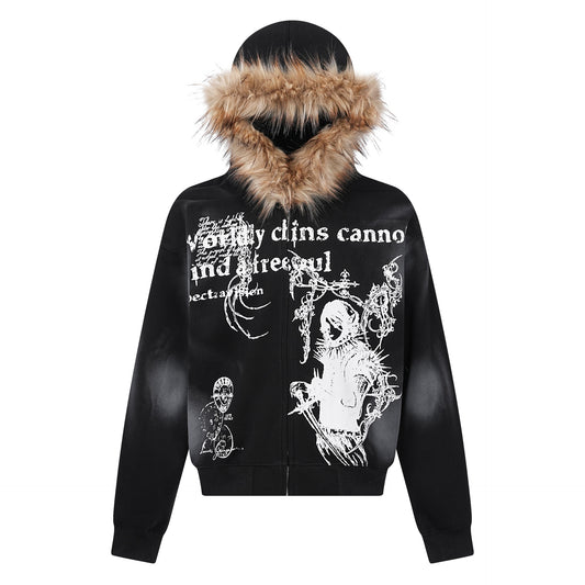 Gothic Anime Fur Collar Hoodie