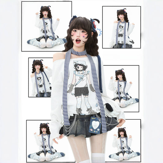 Anime Girl Off-Shoulder Striped Long Sleeve Tee
