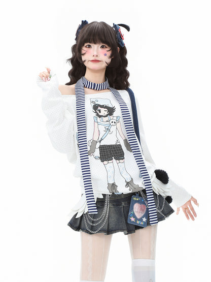 Anime Girl Off-Shoulder Striped Long Sleeve Tee