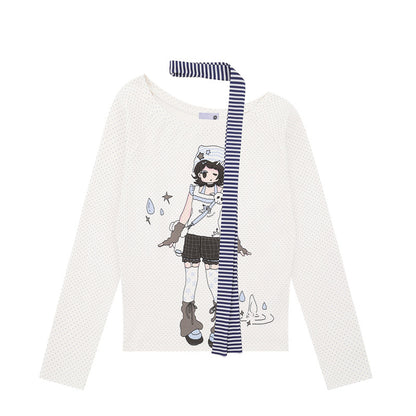 Anime Girl Off-Shoulder Striped Long Sleeve Tee