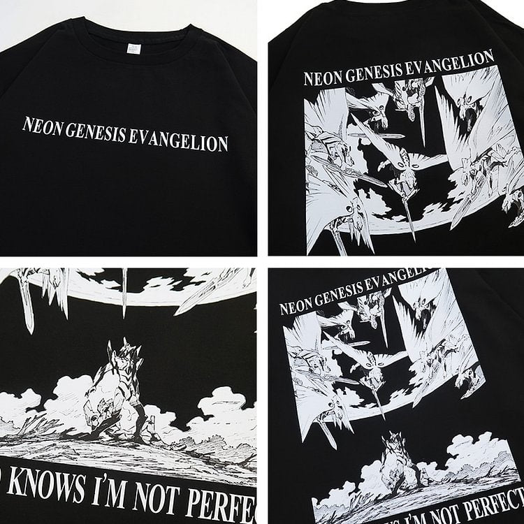 T-shirt à manches courtes Evangelion en pur coton « Dieu sait que je ne suis pas parfait »