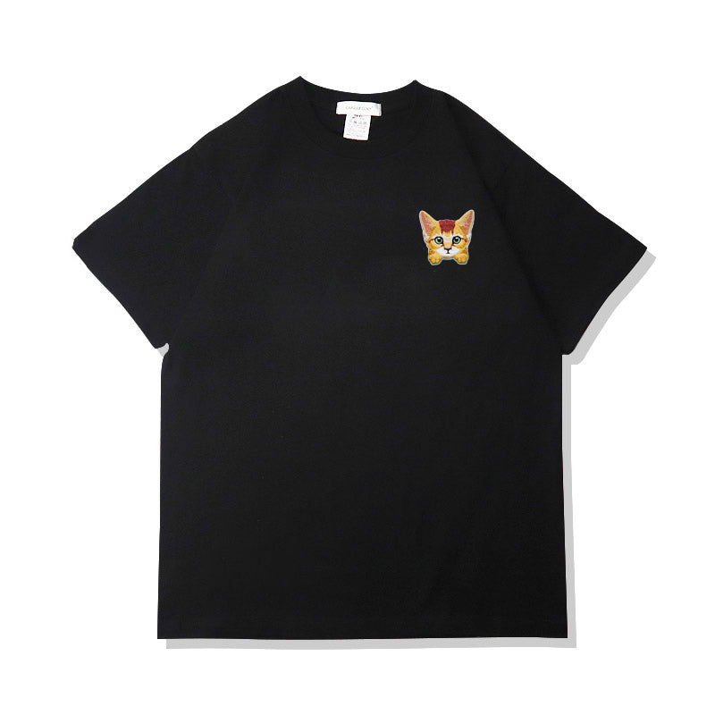 Camiseta de verano de algodón puro con bordado de gato kawaii