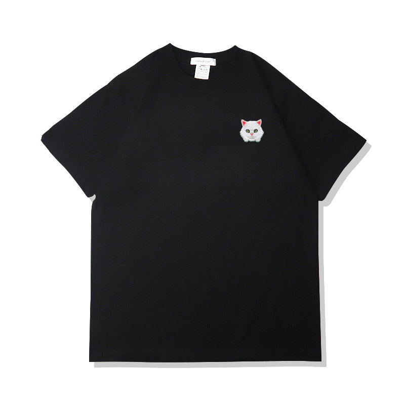 Camiseta de verano de algodón puro con bordado de gato kawaii