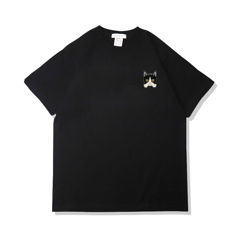Camiseta de verano de algodón puro con bordado de gato kawaii