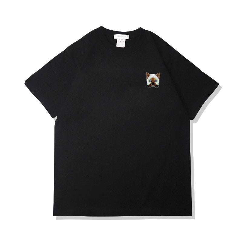 Camiseta de verano de algodón puro con bordado de gato kawaii