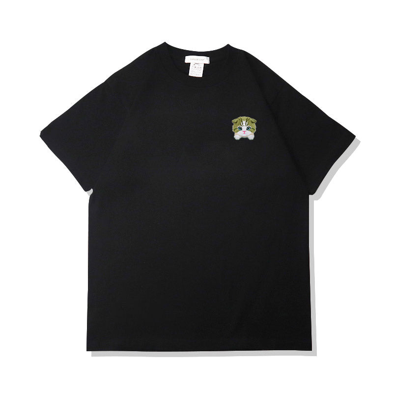 Camiseta de verano de algodón puro con bordado de gato kawaii