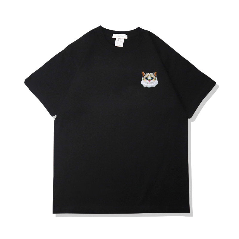 Camiseta de verano de algodón puro con bordado de gato kawaii