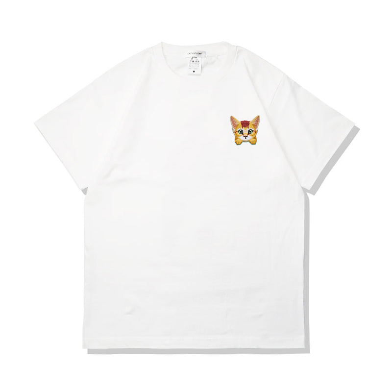 Camiseta de verano de algodón puro con bordado de gato kawaii