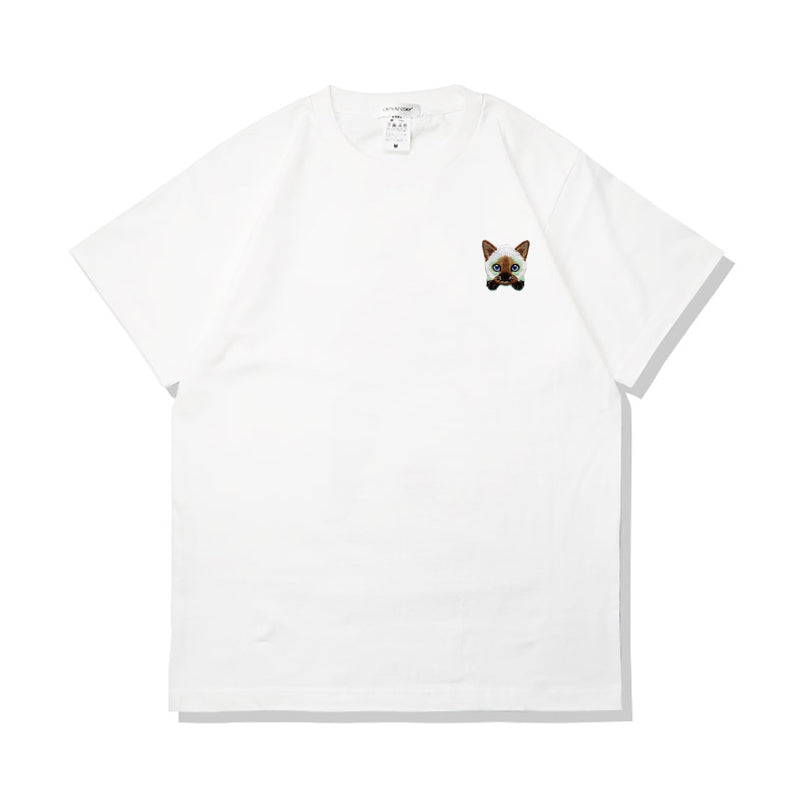 Camiseta de verano de algodón puro con bordado de gato kawaii