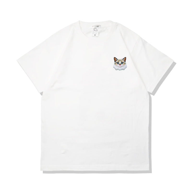 Camiseta de verano de algodón puro con bordado de gato kawaii